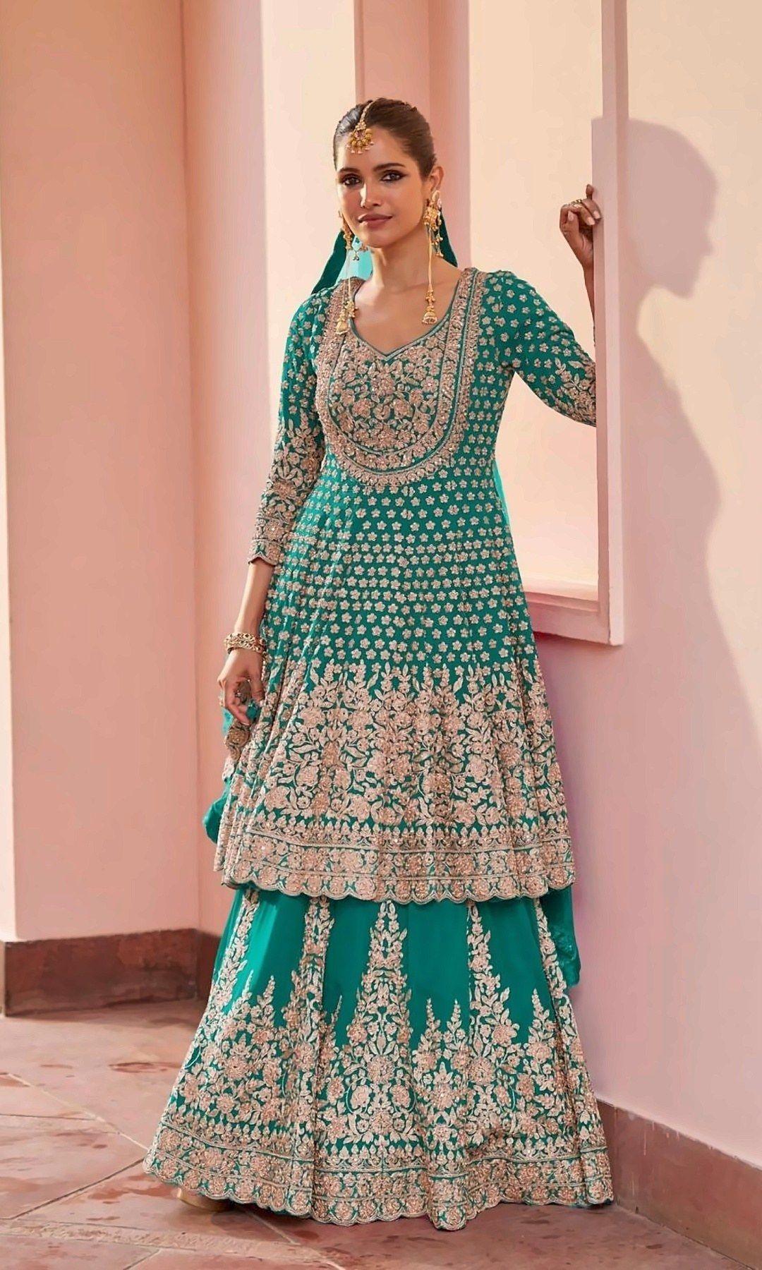 Teal Anarkali Lehenga Set — Teal anarkali with a rose-gold embroidered yoke and layered floral hem, paired with an embroidered lehenga skirt and dupatta.