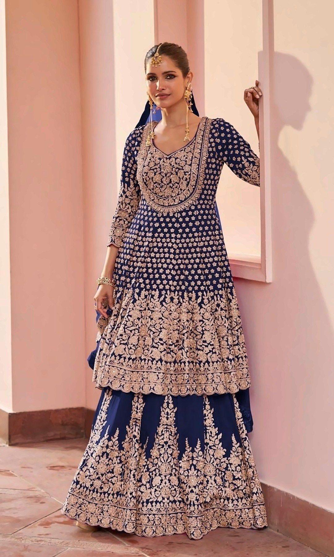 Royal Blue Anarkali Lehenga Set — Royal blue anarkali with intricate gold thread and sequin work, a scalloped hem and a matching embroidered lehenga.