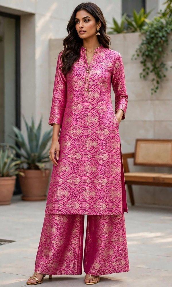 Rani Pink Brocade Kurta Palazzo Set — Rani pink brocade kurta with gold paisley weave and potli buttons, paired with matching wide-leg palazzo — an easy, elegant co-ord.