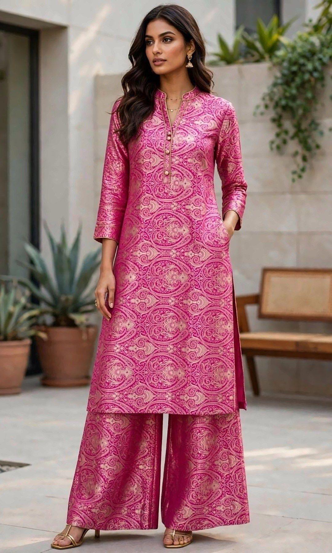 Rani Pink Brocade Kurta Palazzo Set — Rani pink brocade kurta with gold paisley weave and potli buttons, paired with matching wide-leg palazzo — an easy, elegant co-ord.