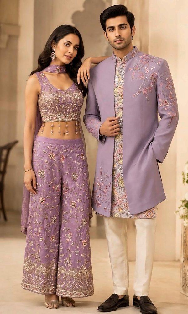 Lilac His & Hers Matching Set — Twin outfits for couples: her lilac crop top and embroidered palazzo set, and his lilac open indo-western sherwani with an embroidered kurta.