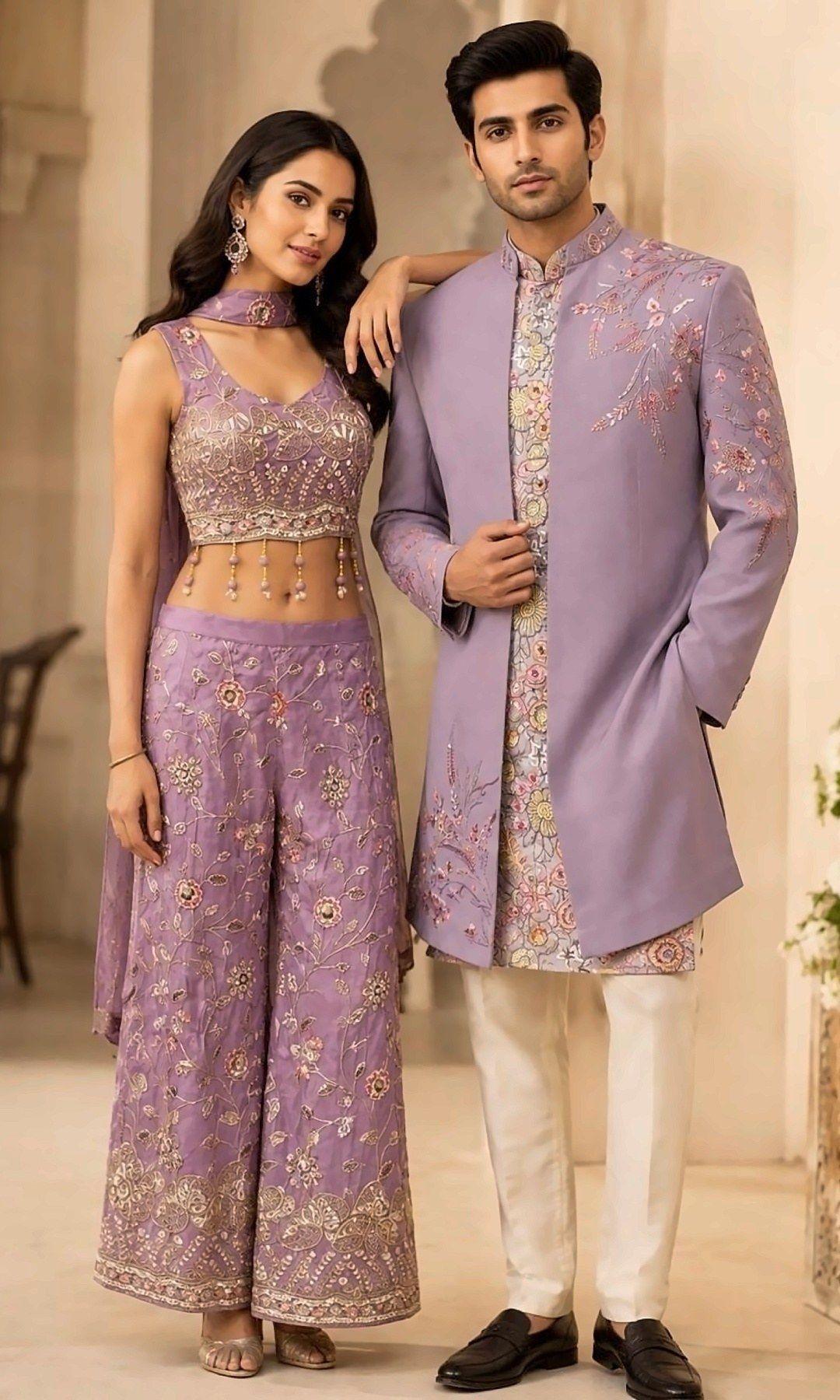 Lilac His & Hers Matching Set — Twin outfits for couples: her lilac crop top and embroidered palazzo set, and his lilac open indo-western sherwani with an embroidered kurta.