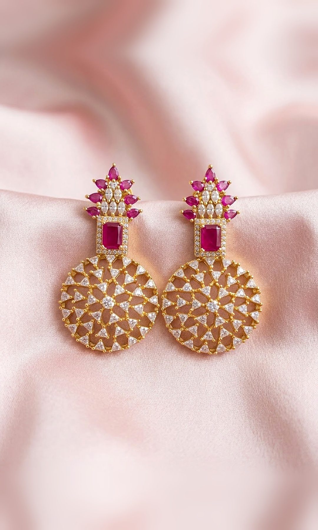 Ruby & Gold Round Statement Earrings — Gold-tone statement earrings with a ruby-pink crown, an emerald-cut ruby stone and an open round disc of diamond-look stones.