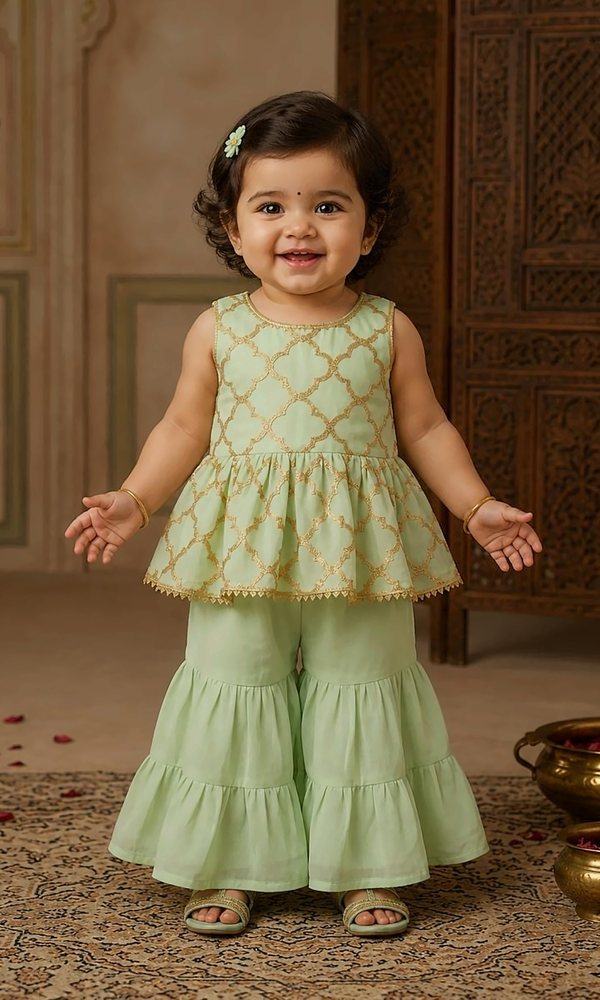Mint Green Sharara Set — Mint green sharara set with a gold trellis-print peplum top and delicate lace trim — soft, sweet and perfect for daytime celebrations.