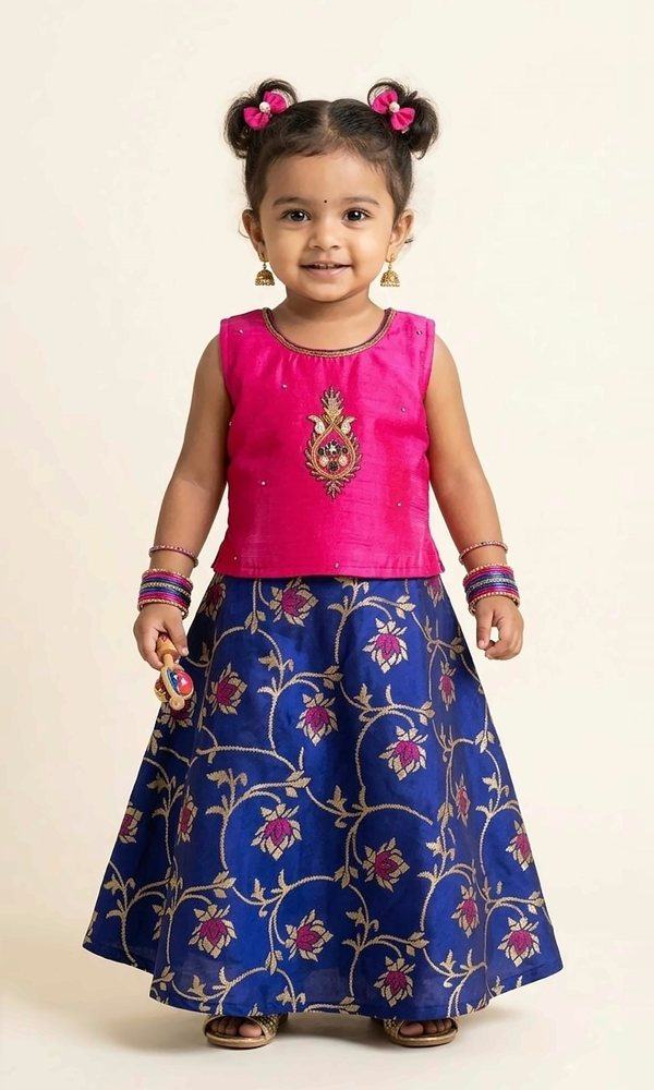 Fuchsia & Royal Blue Brocade Lehenga — Fuchsia silk blouse with an embroidered motif, paired with a royal-blue brocade lehenga woven with gold vines and pink lotuses.