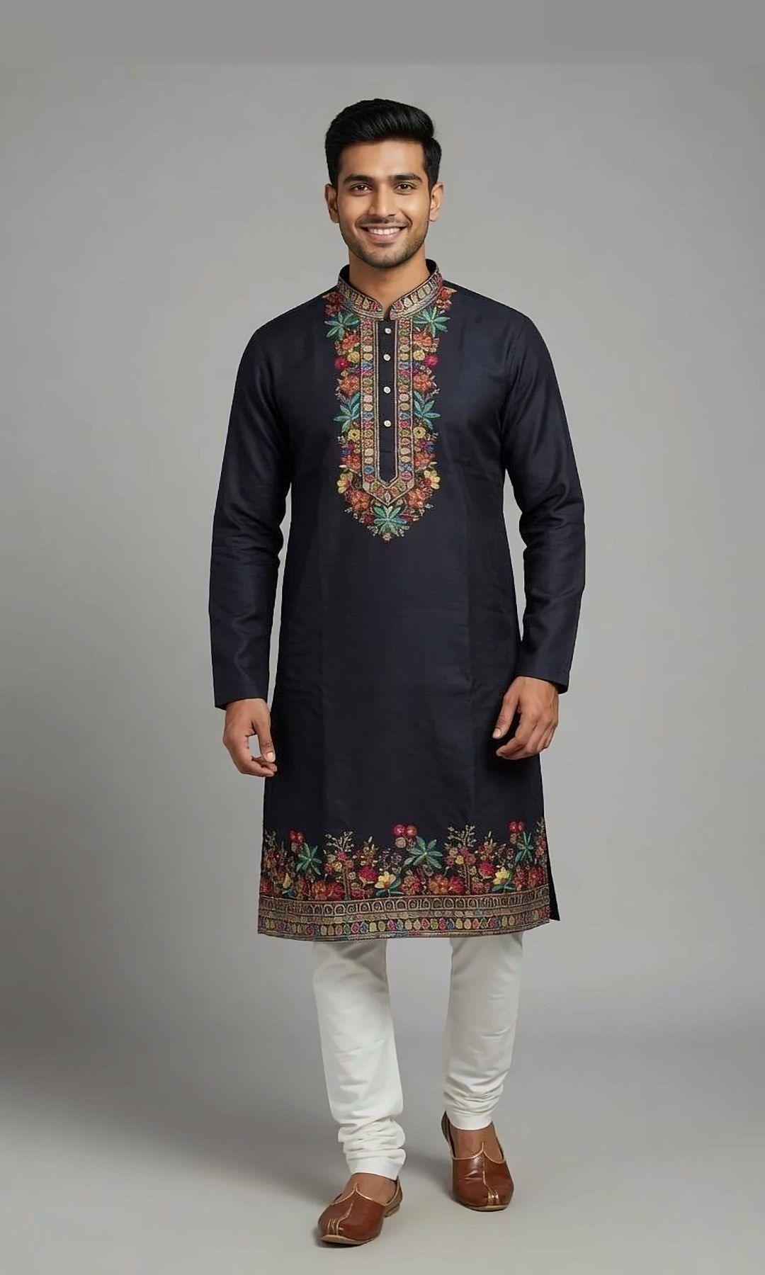 Midnight Navy Embroidered Kurta — Navy kurta with a multicolour floral thread-embroidered placket and a matching floral hem border, paired with ivory churidar.