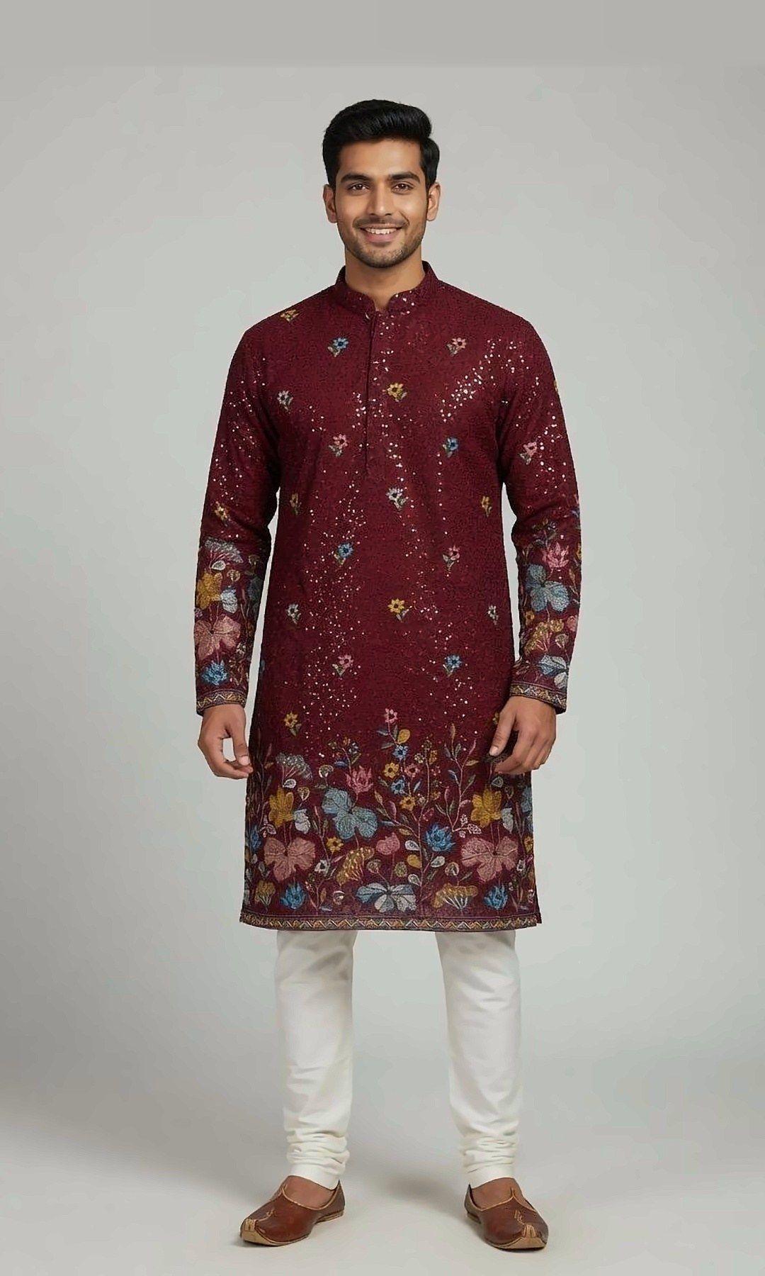Maroon Sequin Floral Kurta — Maroon textured kurta with scattered sequins and tiny embroidered flowers, rising into a painterly floral hem and cuffs.