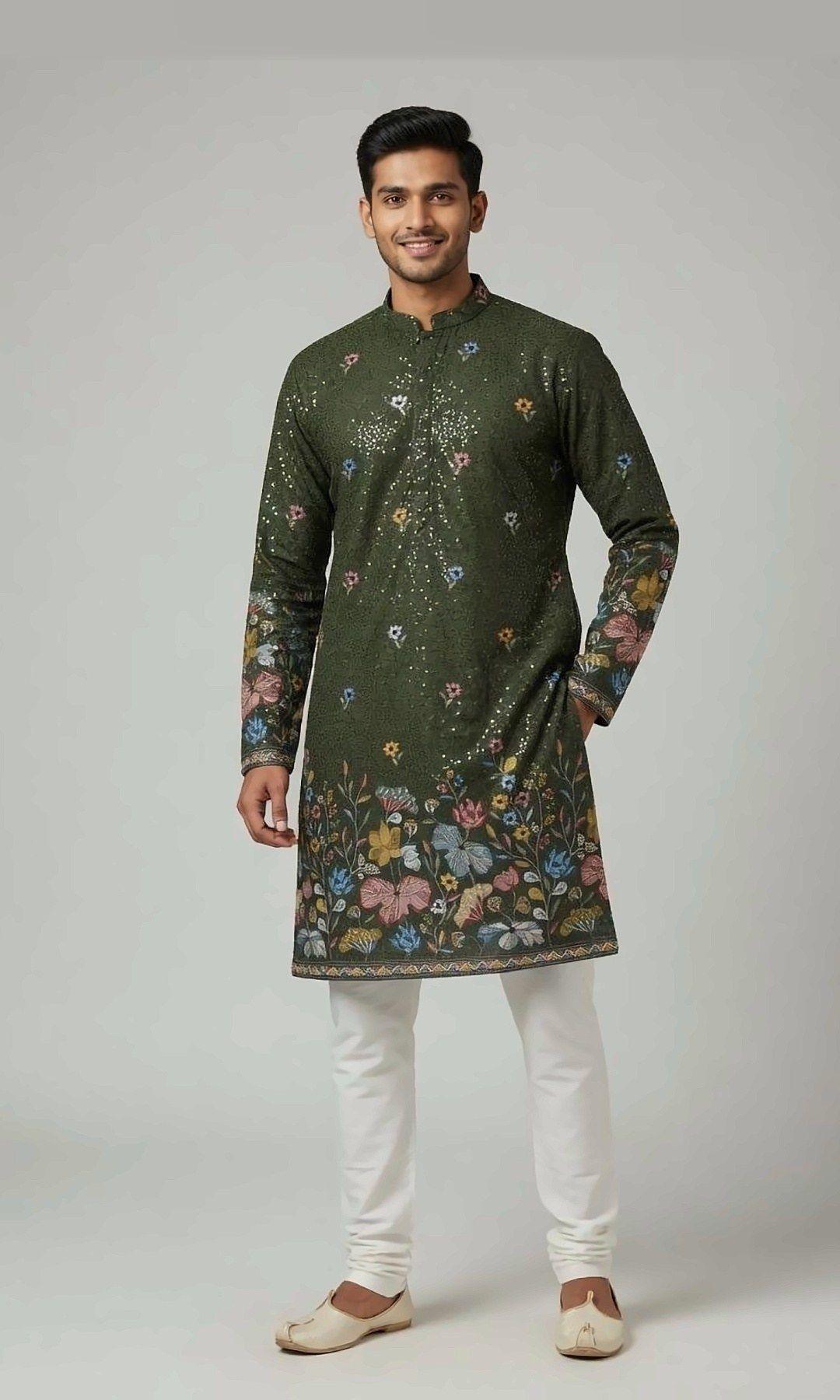 Olive Green Sequin Floral Kurta — Olive green textured kurta with sparkling sequins, little embroidered blooms and a rich floral border on the hem and cuffs.