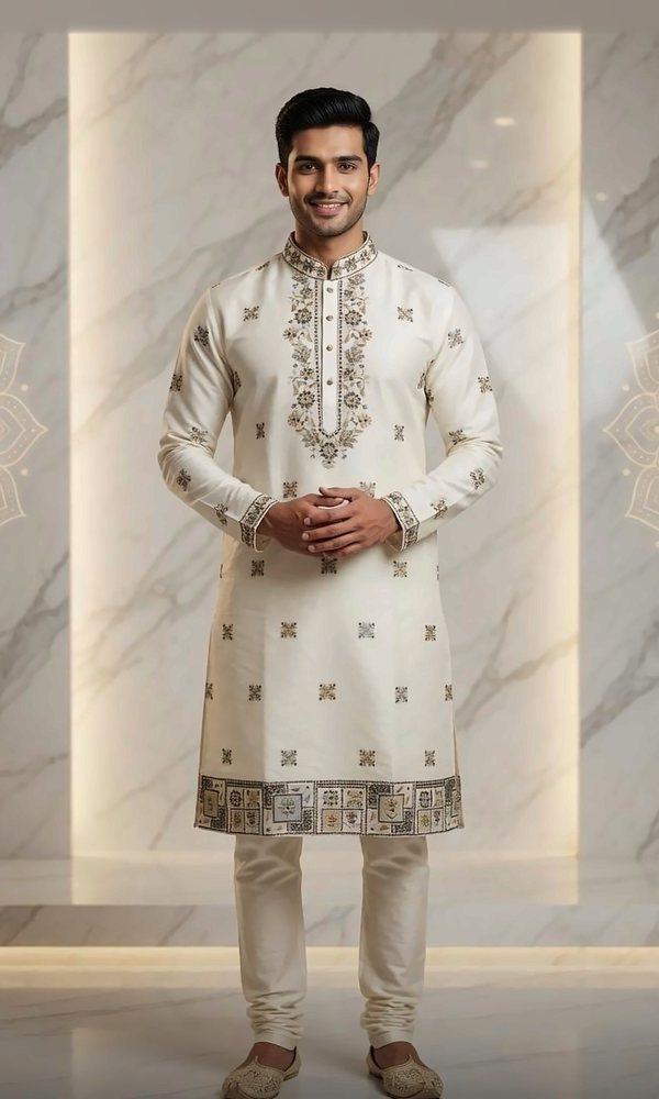 Ivory Silk Kurta with Gold Motifs — Ivory silk kurta with a gold-embroidered placket, scattered butis and a patchwork-embroidered hem — perfect for Eid and festive days.