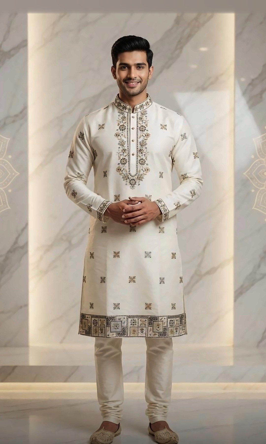 Ivory Silk Kurta with Gold Motifs — Ivory silk kurta with a gold-embroidered placket, scattered butis and a patchwork-embroidered hem — perfect for Eid and festive days.