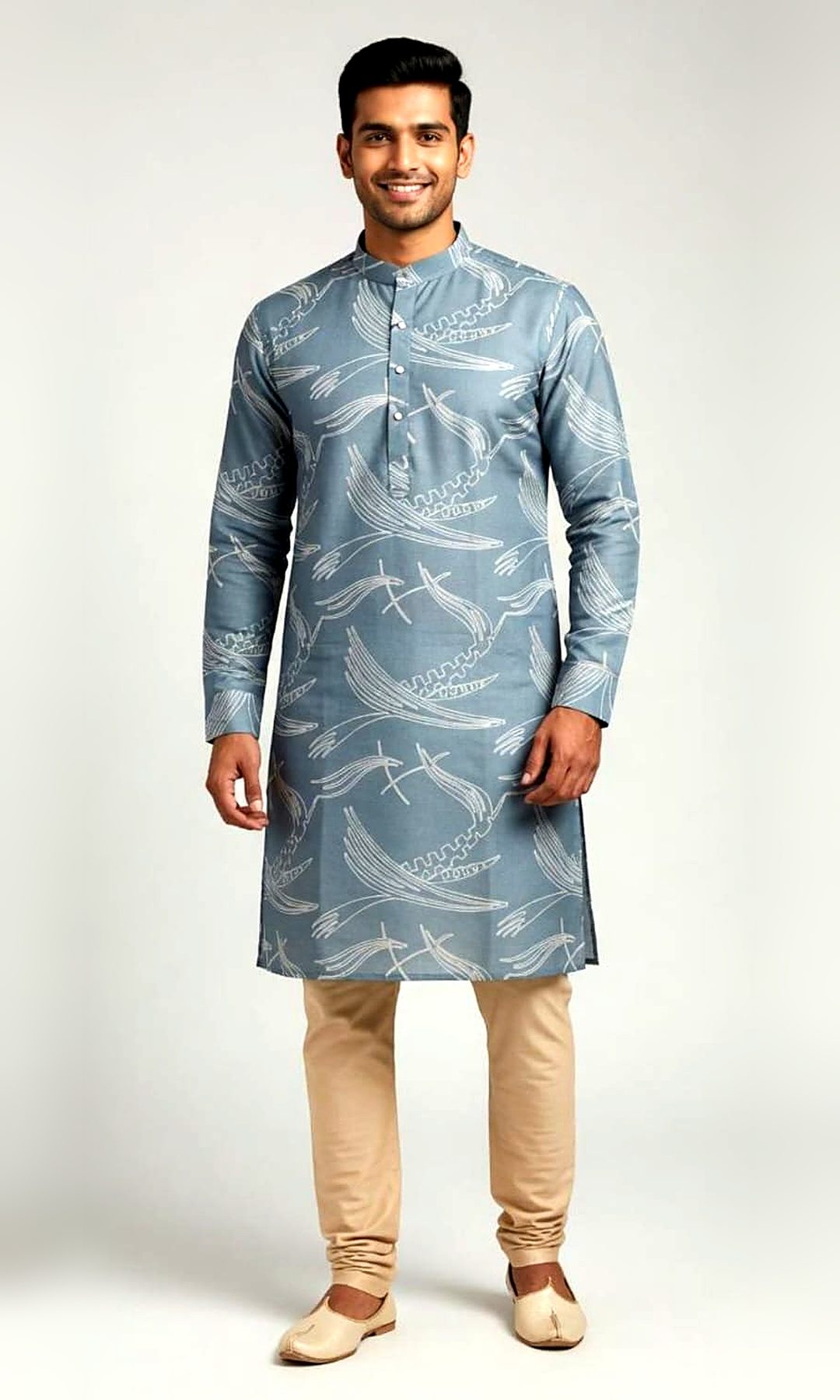 Grey Blue Line-Art Print Kurta — Grey-blue cotton-silk kurta with a flowing ivory line-art print, a mandarin collar and a half-button placket — shown with beige churidar.