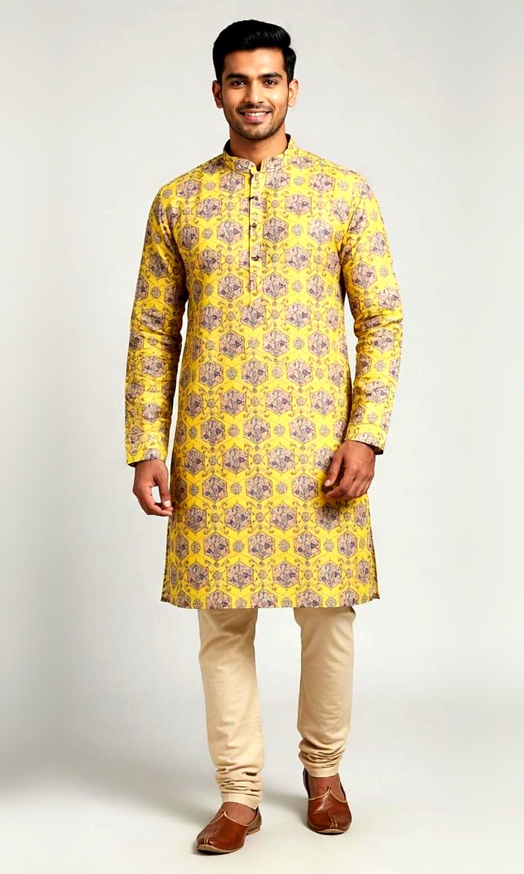 Yellow Hexagon Print Kurta — Sunny yellow kurta covered in a mauve hexagon and floral print, with a mandarin collar and wooden-look buttons — shown with beige churidar.