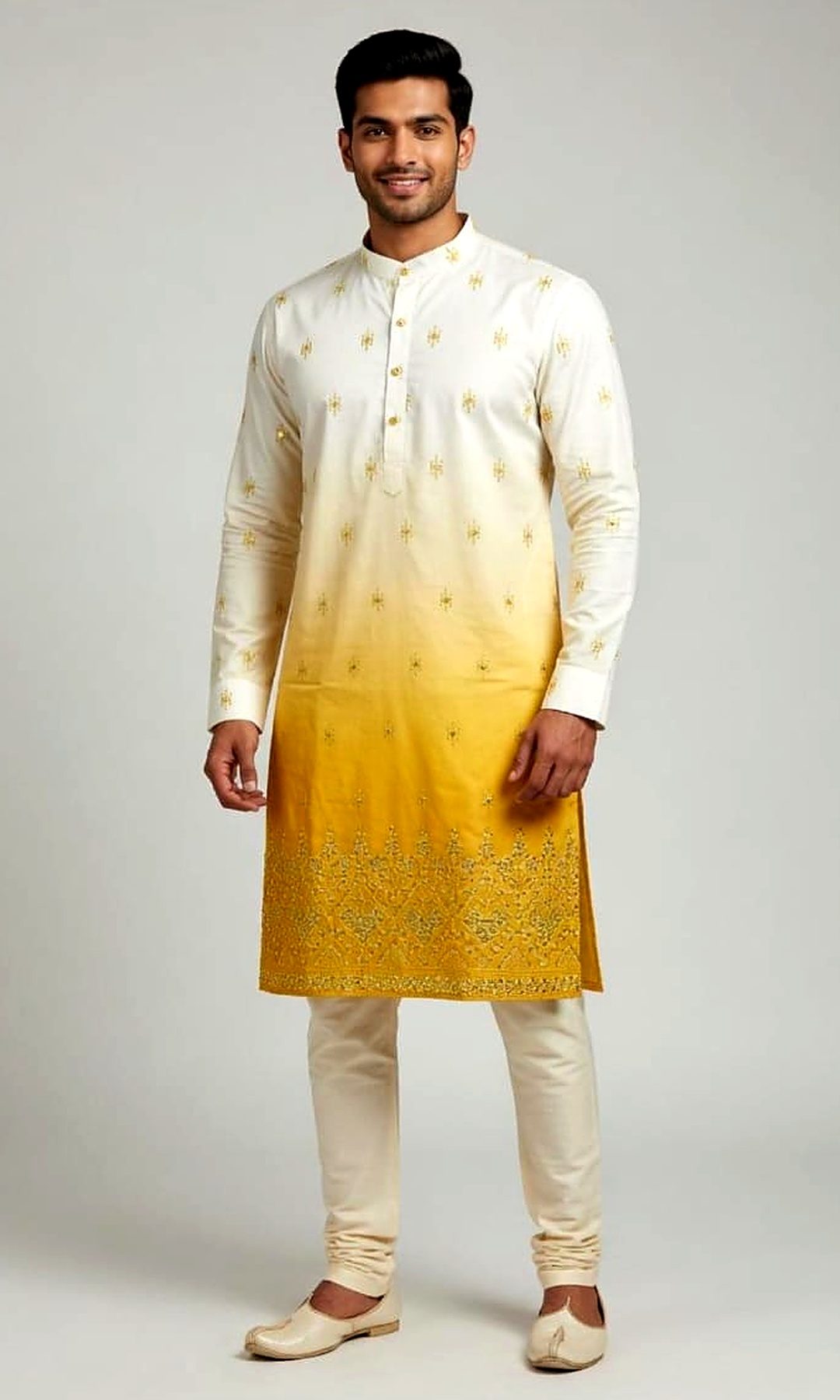 Ivory & Mustard Ombré Kurta — Ivory kurta that melts into a mustard ombré, scattered with gold thread butis and finished with a rich embroidered hem.