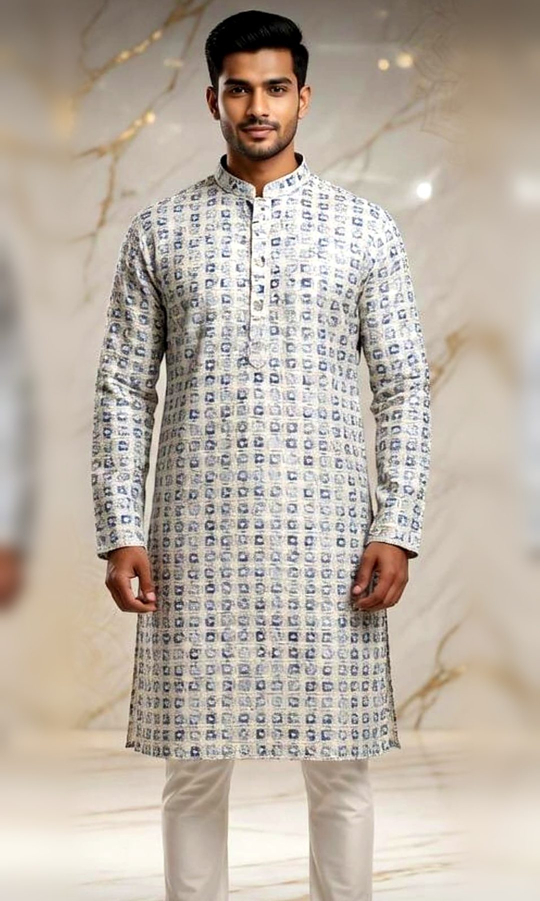 Ivory & Indigo Block Print Kurta — Textured ivory kurta with an all-over indigo square block print and a matching printed collar — easy elegance for day functions.