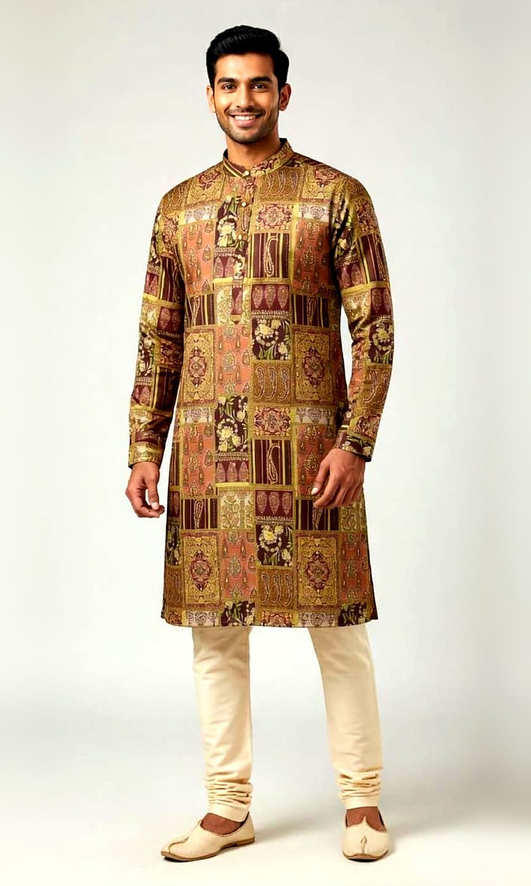 Multicolour Patchwork Print Kurta — Olive, rust and wine patchwork-print kurta with paisley, floral and stripe panels and a mandarin collar.