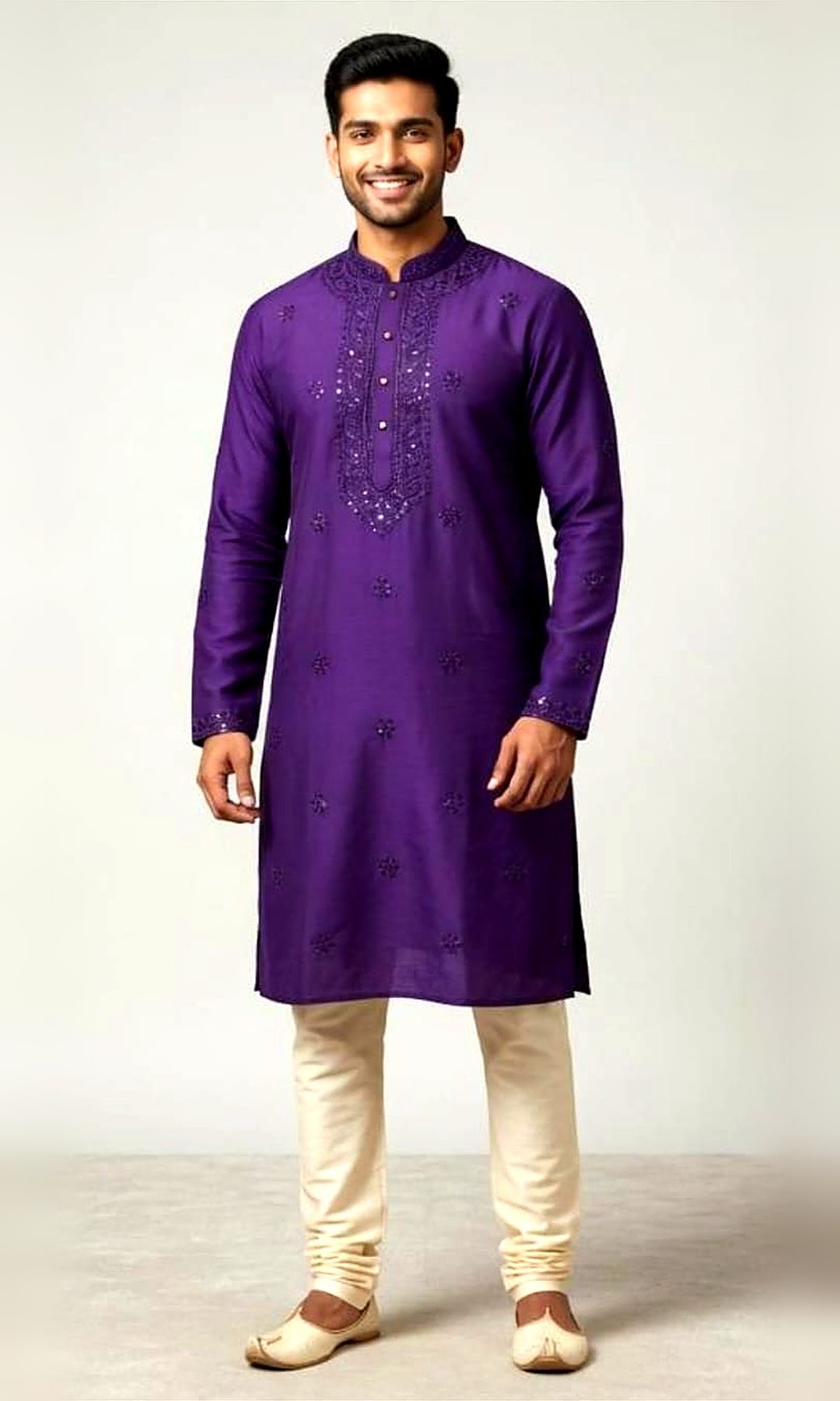 Purple Mirror-Work Kurta — Deep purple kurta with a tonal thread-and-mirror embroidered yoke, matching cuffs and scattered mirror butis.