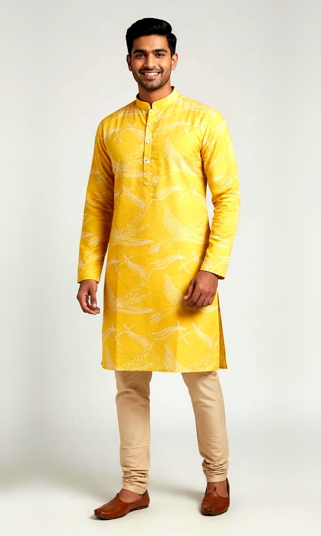 Yellow Line-Art Print Kurta — Bright yellow cotton-silk kurta with a flowing ivory line-art print, a mandarin collar and a half-button placket — shown with beige churidar.