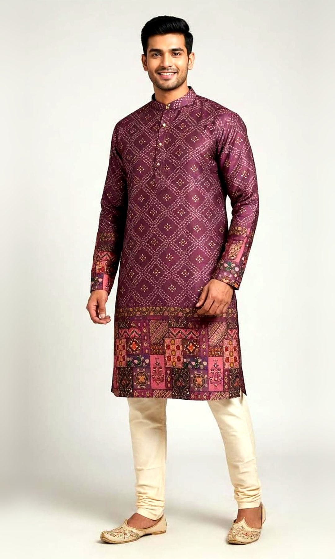 Wine Bandhani Print Kurta — Wine kurta with a bandhani-diamond print, a colourful patchwork border at the hem and patchwork cuffs.