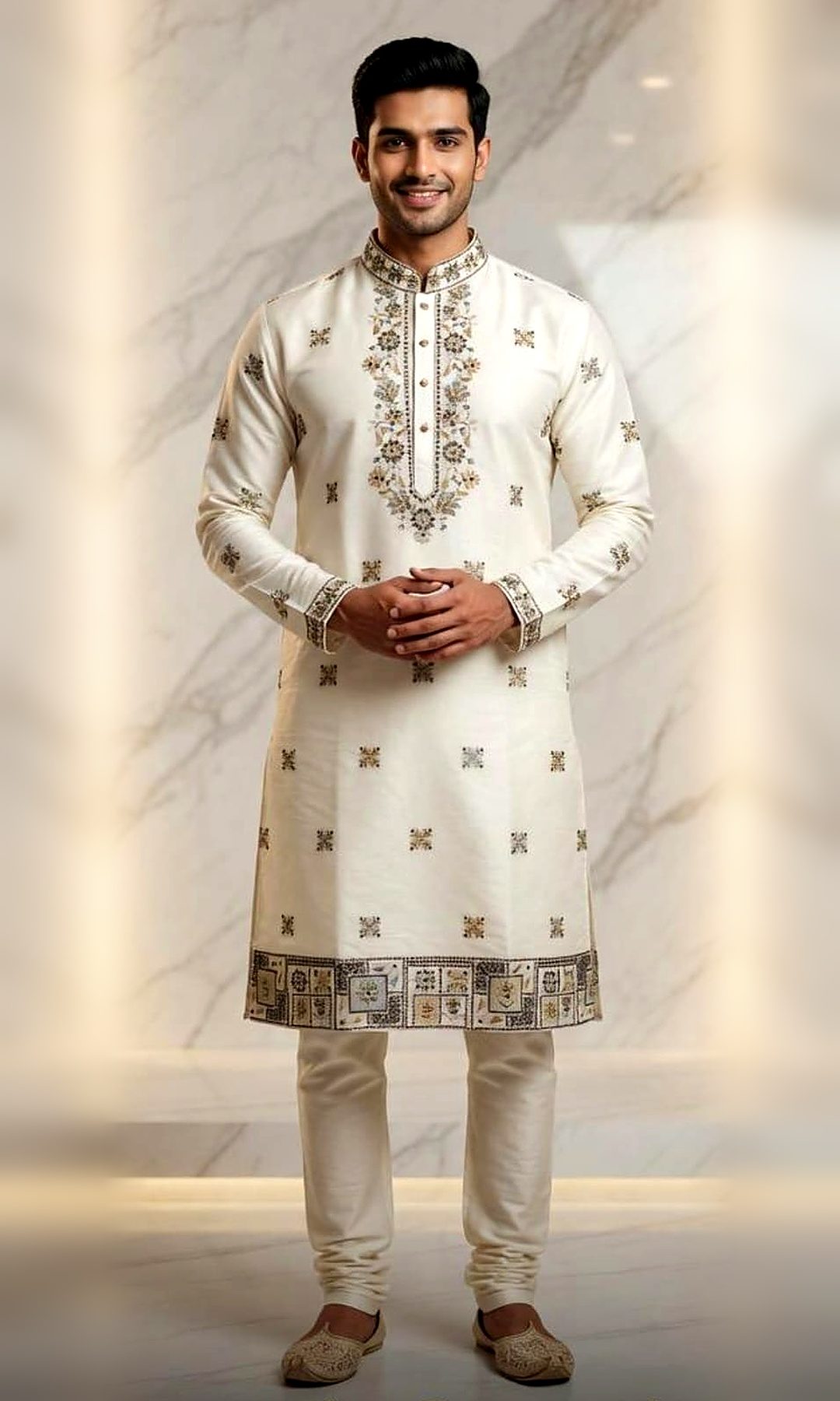 Ivory Embroidered Yoke Kurta — Ivory silk kurta with a floral thread-embroidered yoke and collar, scattered embroidered motifs and a patchwork-embroidered hem.