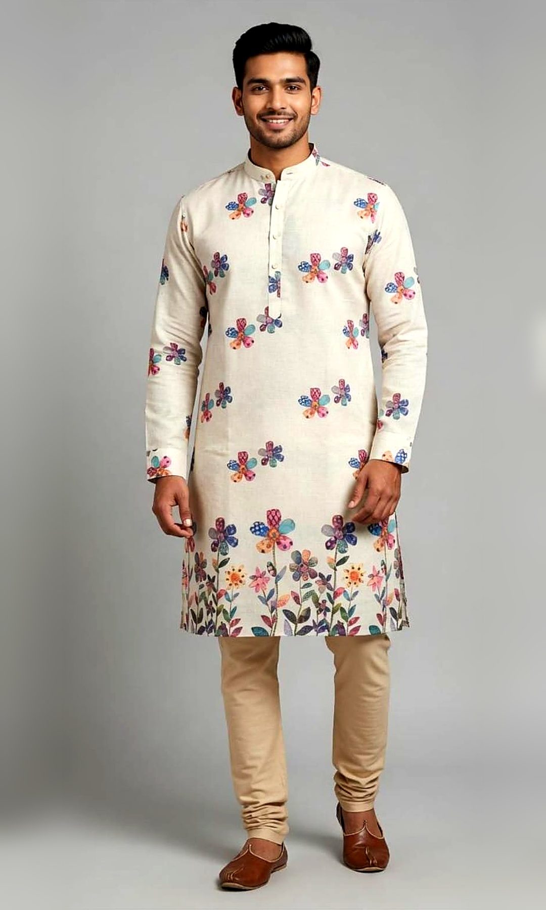 Ivory Floral Print Kurta — Linen-look ivory kurta with a playful patchwork-flower print and a garden border at the hem — shown with beige churidar.