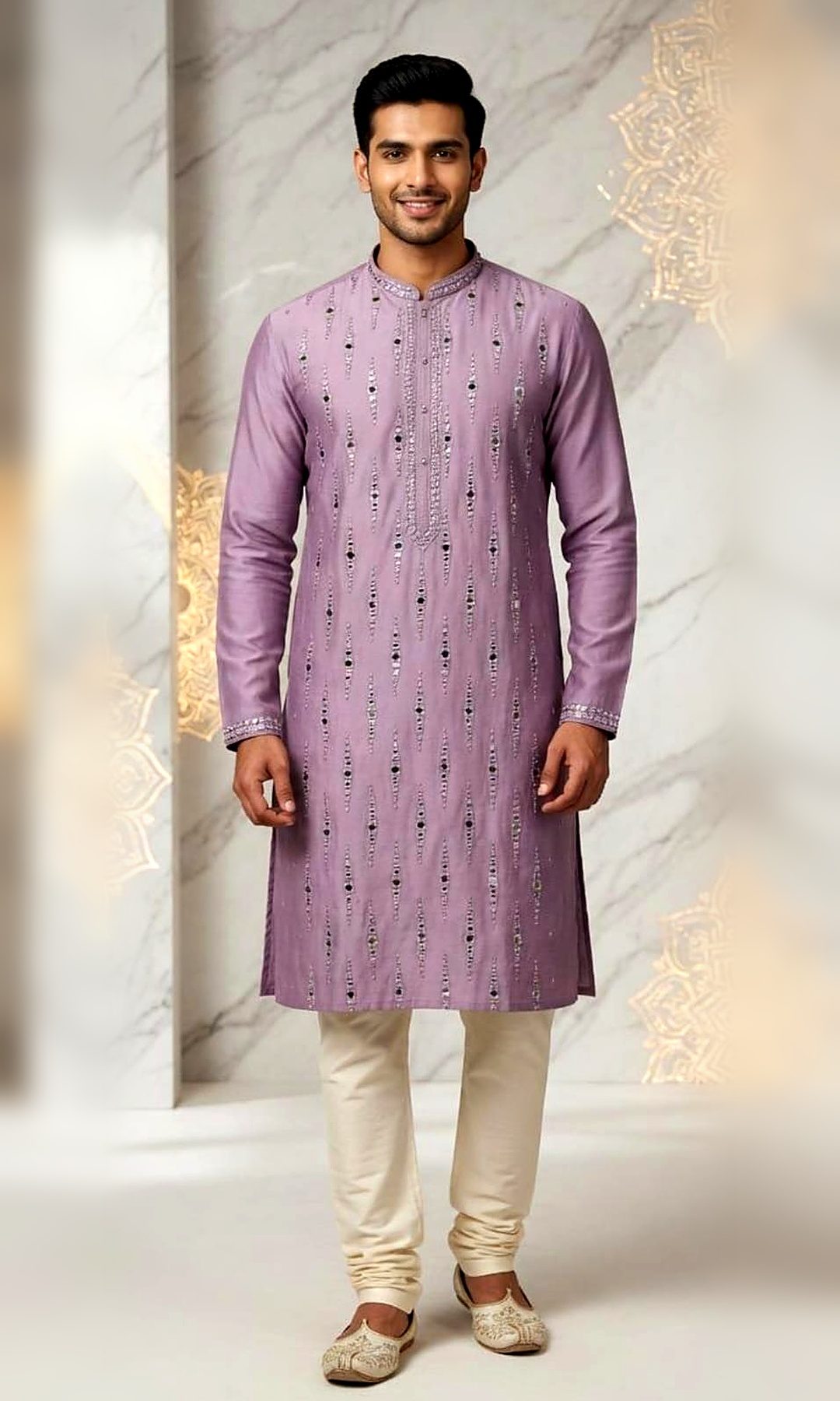 Lilac Mirror-Work Kurta — Lilac silk kurta with vertical lines of mirror and sequin work, and an embroidered collar, placket and cuffs.