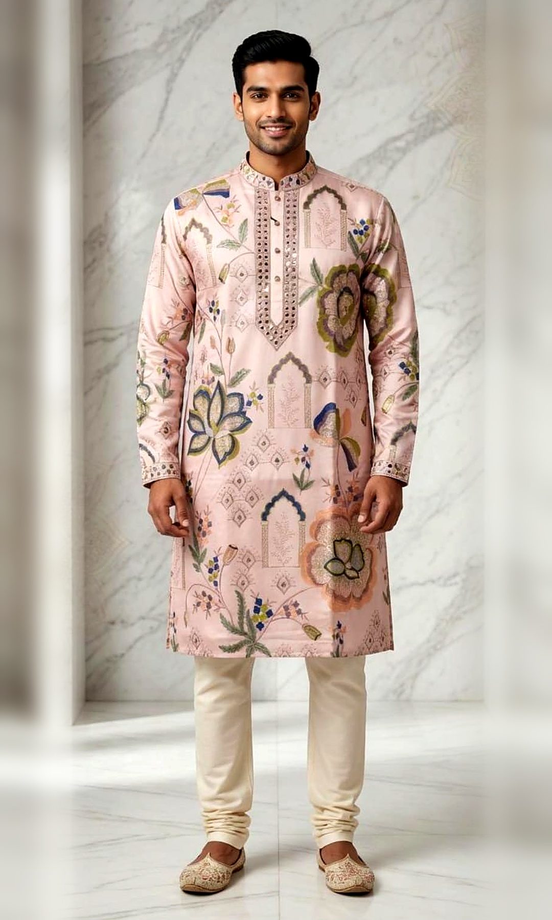 Blush Pink Floral Mirror-Work Kurta — Blush pink kurta with a painterly floral and arch print and a mirror-work collar, placket and cuffs.