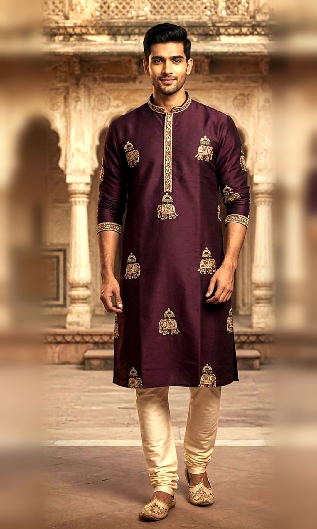 Wine Elephant Embroidered Kurta — Wine silk kurta with embroidered royal-elephant motifs and a colourful embroidered collar, placket and cuffs.