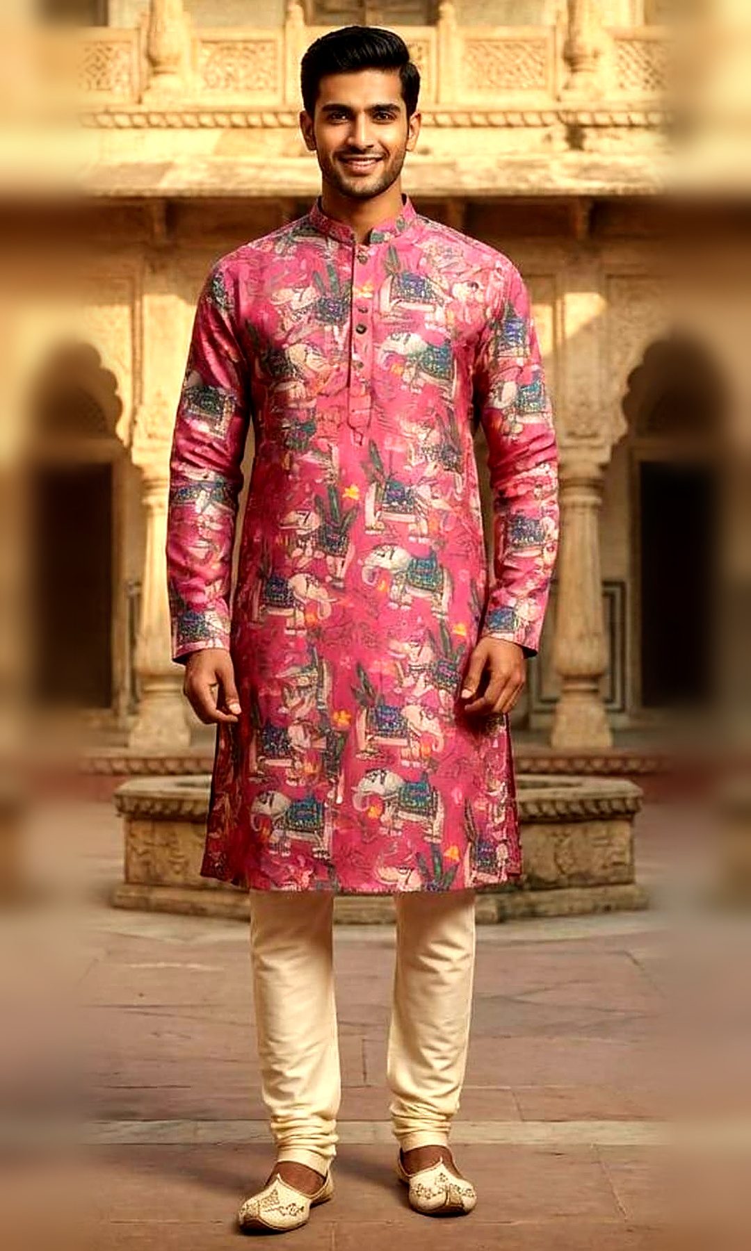 Rose Pink Elephant Print Kurta — Rose pink kurta with a Rajasthani-style elephant and palm print in teal, ivory and gold, with a mandarin collar.