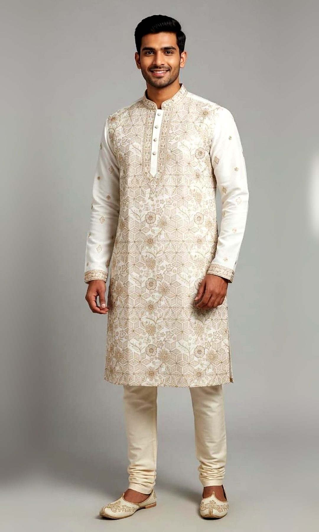 Ivory Geometric Embroidered Kurta — Ivory kurta with a beige geometric-and-floral thread-embroidered front, plain sleeves with butis and embroidered cuffs.