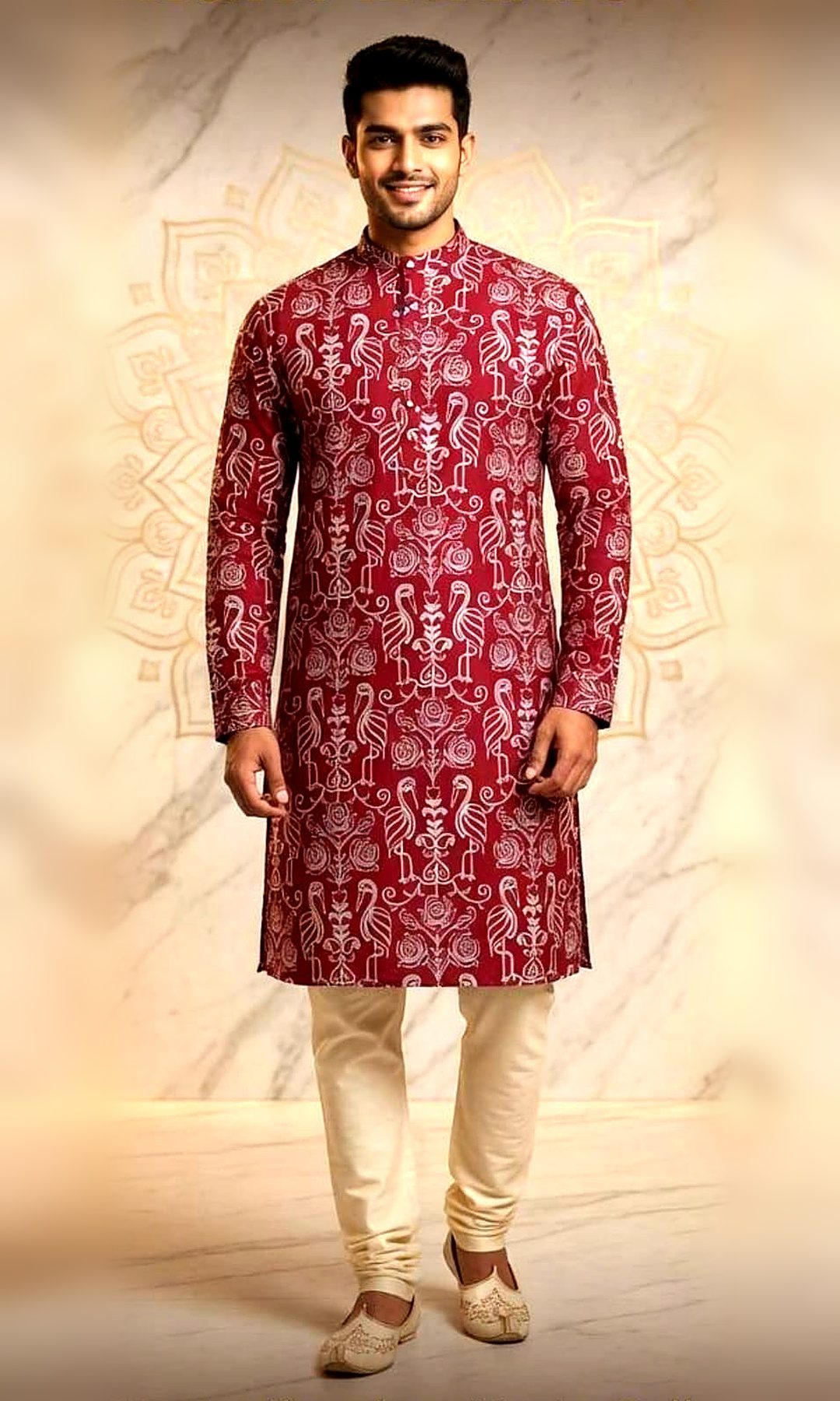 Maroon Bird Motif Kurta — Maroon kurta with ivory thread-embroidered flamingo and rose motifs all over and a mandarin collar.