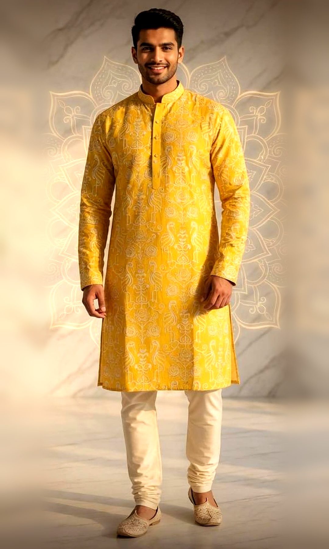 Yellow Bird Motif Kurta — Yellow kurta with tonal ivory thread-embroidered flamingo and rose motifs all over and a mandarin collar.