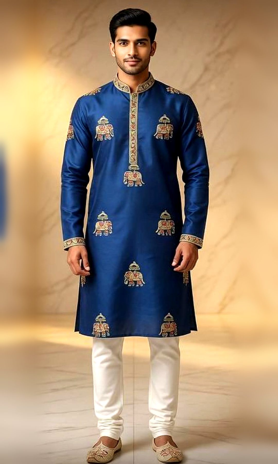 Royal Blue Elephant Embroidered Kurta — Royal blue silk kurta with embroidered royal-elephant motifs and a colourful embroidered collar, placket and cuffs.