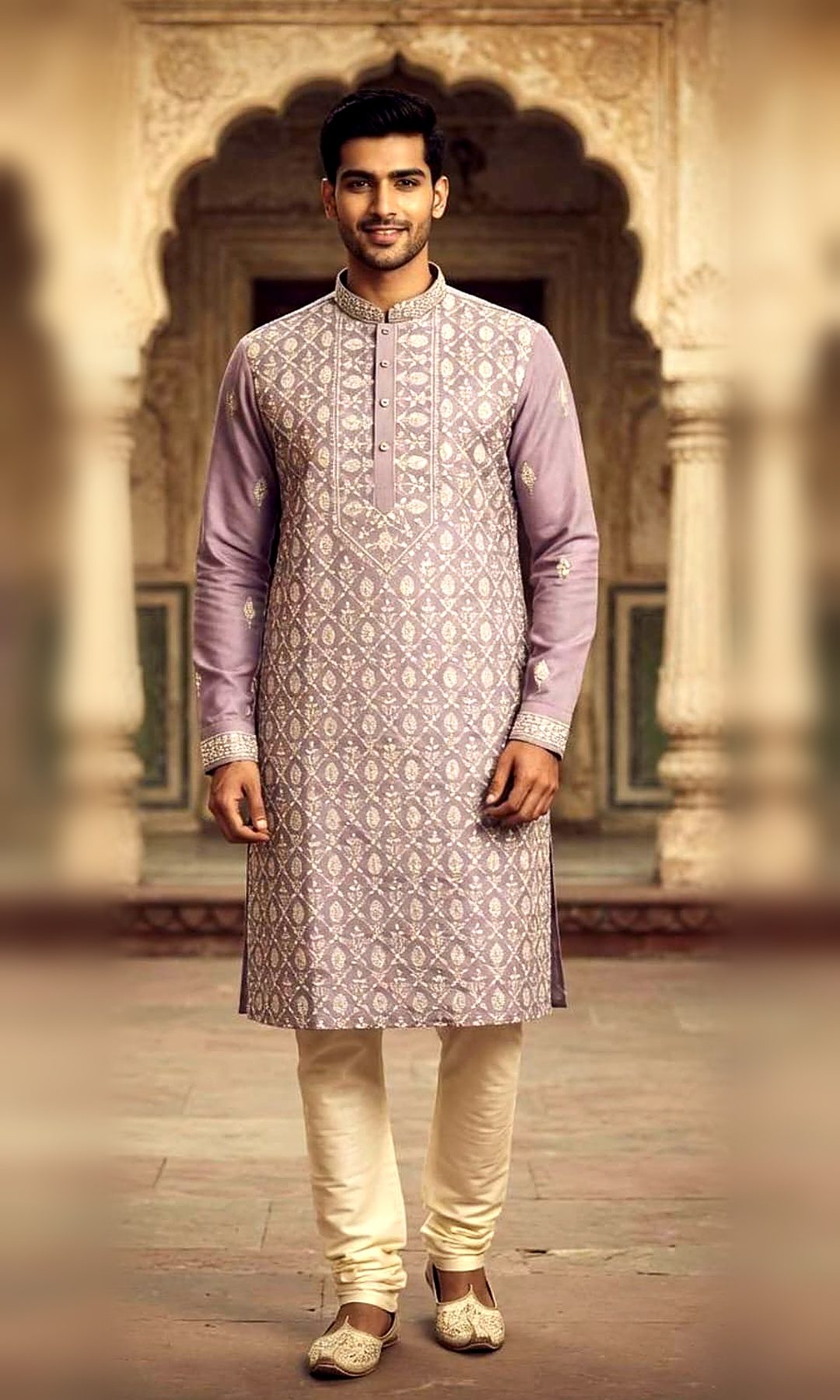 Lilac Embroidered Jaal Kurta — Lilac kurta with an ivory thread-embroidered jaal on the front, plain sleeves with butis and an embroidered collar and cuffs.