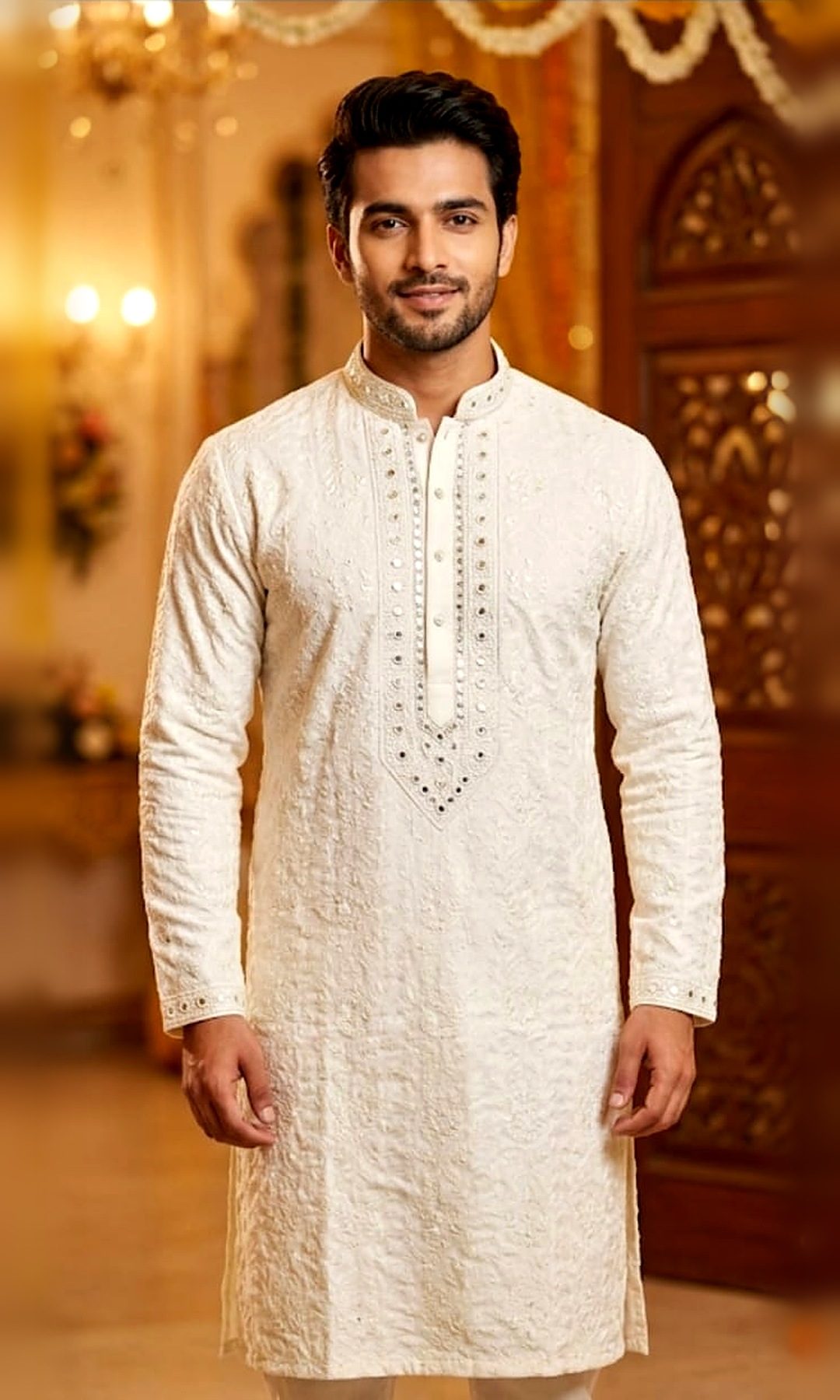 Ivory Mirror-Work Chikankari Kurta — Ivory kurta with all-over tonal chikankari, a V-shaped mirror-work yoke and mirror-trimmed collar and cuffs.