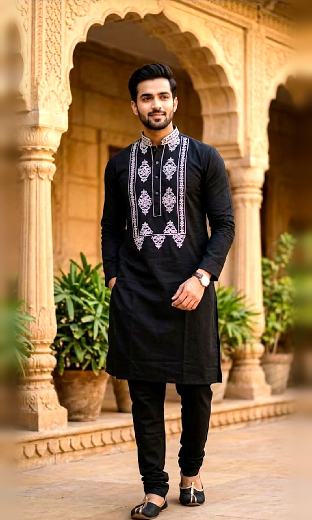 Black Kurta with Embroidered Placket — Black kurta with an ivory thread-embroidered placket panel of medallion motifs and an embroidered collar — shown with black churidar.