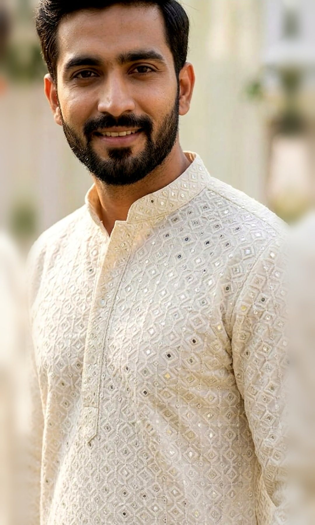 Ivory Mirror Lattice Chikankari Kurta — Ivory kurta covered in a diamond lattice of chikankari and tiny mirrors, with a mirror-studded collar and placket.