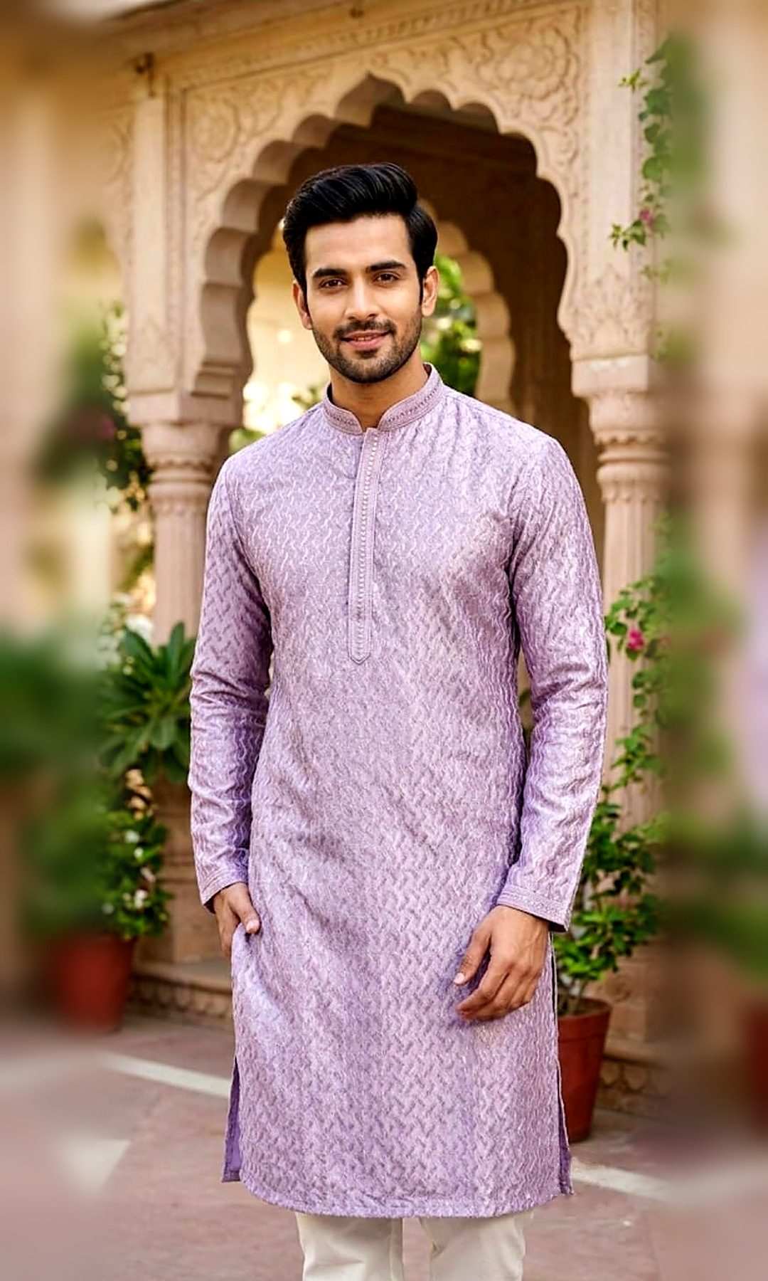 Lilac Chikankari Kurta — Lilac kurta with an all-over wave chikankari pattern and a finely embroidered collar, placket and cuffs.