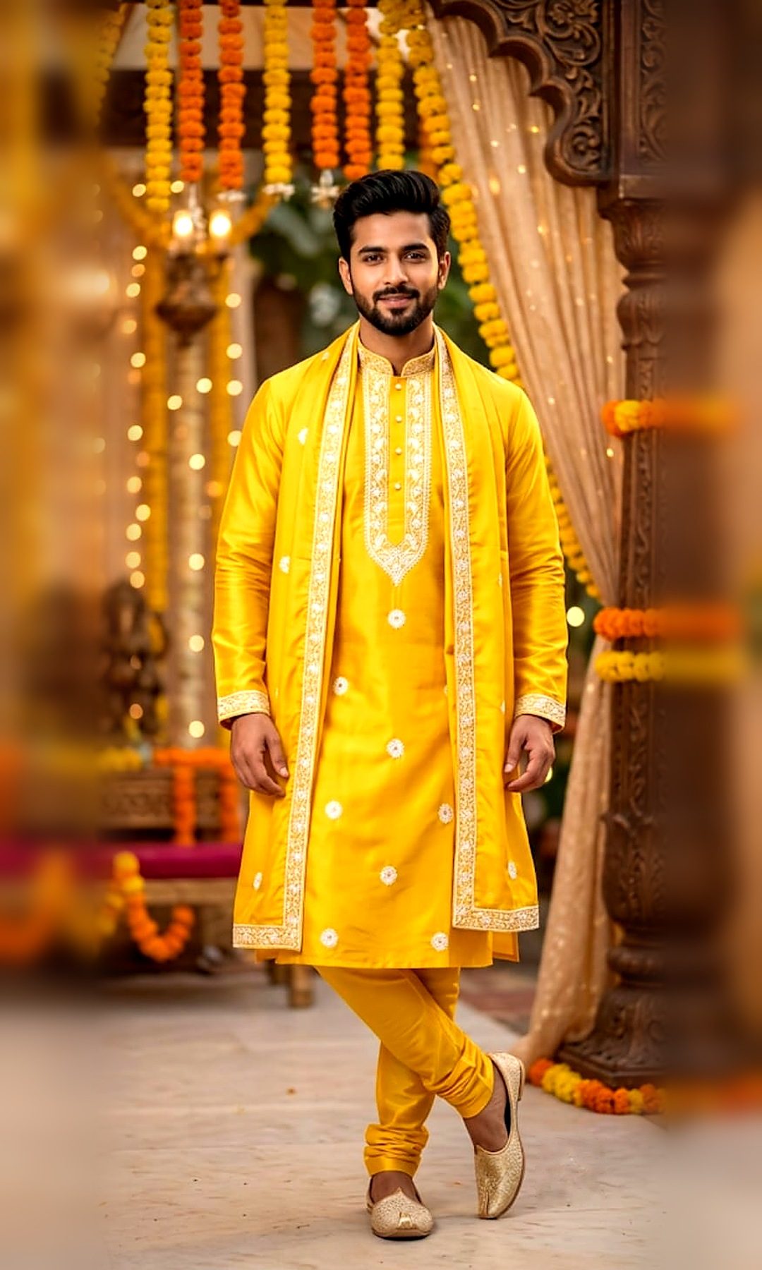 Haldi Yellow Silk Kurta with Dupatta — Haldi-yellow silk kurta with an ivory embroidered yoke and flower butis, paired with an embroidered-border dupatta — shown with matching churidar.
