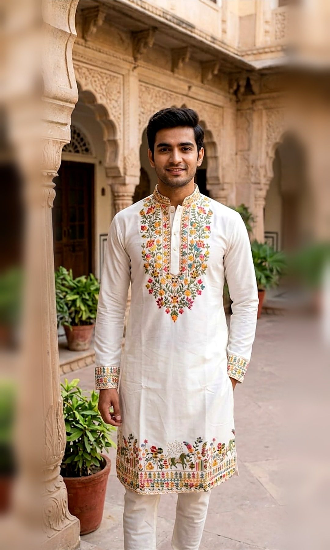 Ivory Multicolour Floral Embroidered Kurta — Ivory silk kurta with a vibrant multicolour floral yoke, embroidered cuffs and a folk-art hem border of flowers and horses.