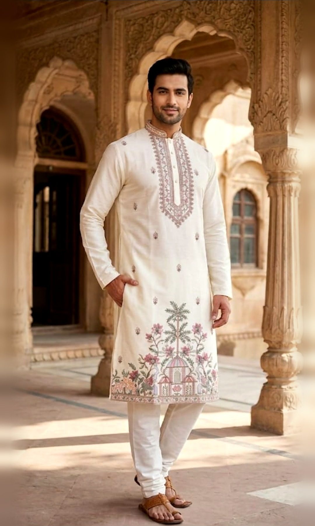 Ivory Tree-of-Life Embroidered Kurta — Ivory kurta with a blush-pink embroidered yoke, scattered butis and a tree-of-life pavilion motif at the hem.