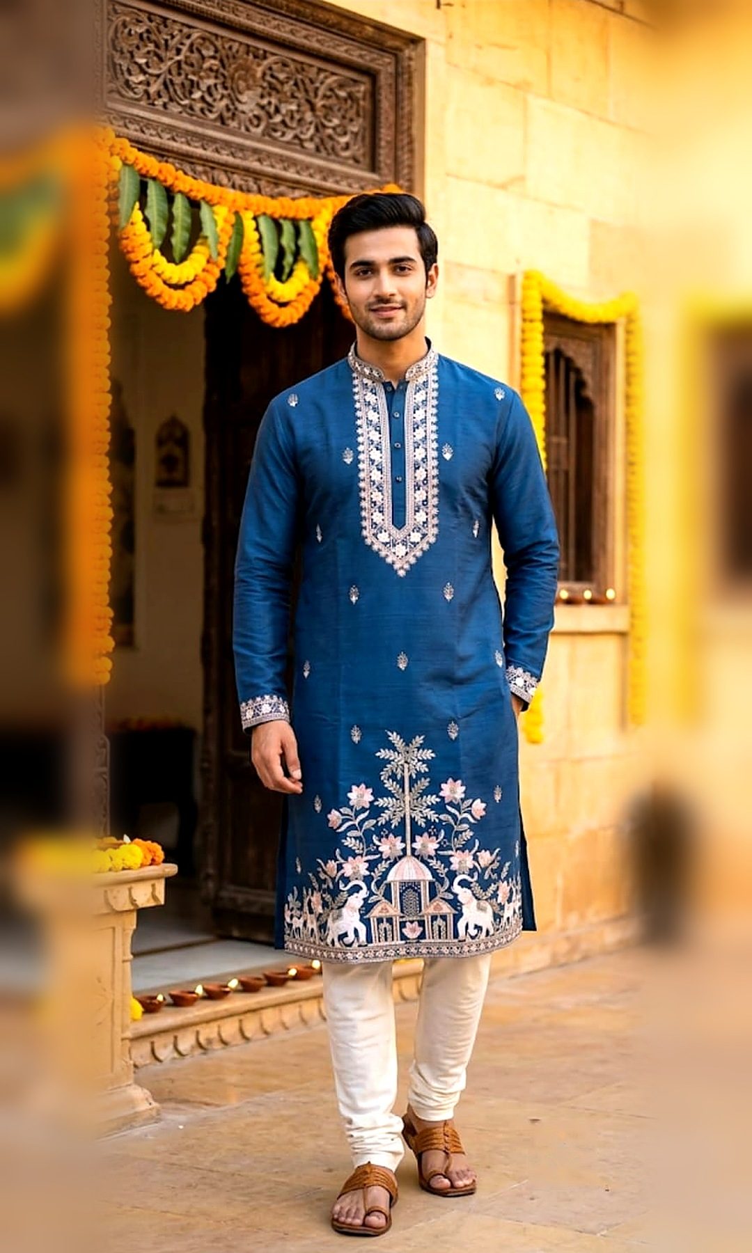 Peacock Blue Elephant Embroidered Kurta — Peacock blue silk kurta with an ivory embroidered yoke, scattered butis and a tree-of-life hem panel with elephants.