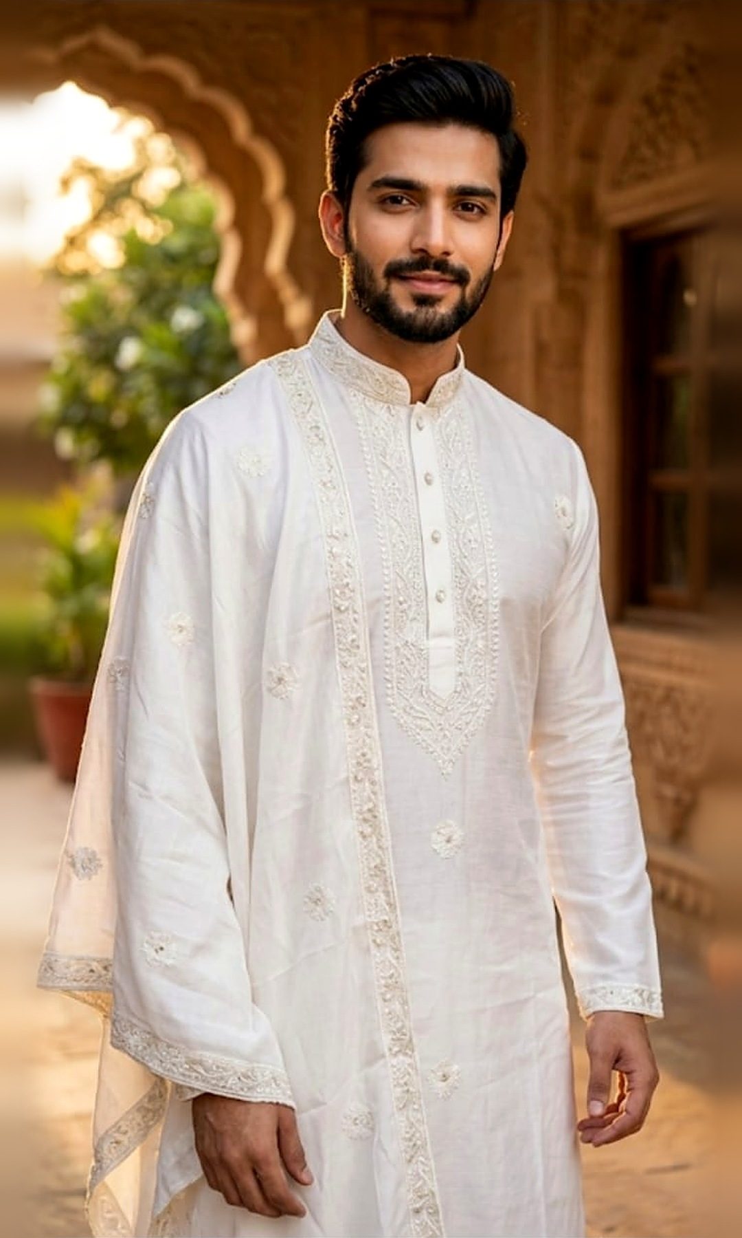 White Embroidered Kurta with Dupatta — White kurta with a pearl-and-thread embroidered yoke and floral butis, paired with a matching embroidered-border dupatta.