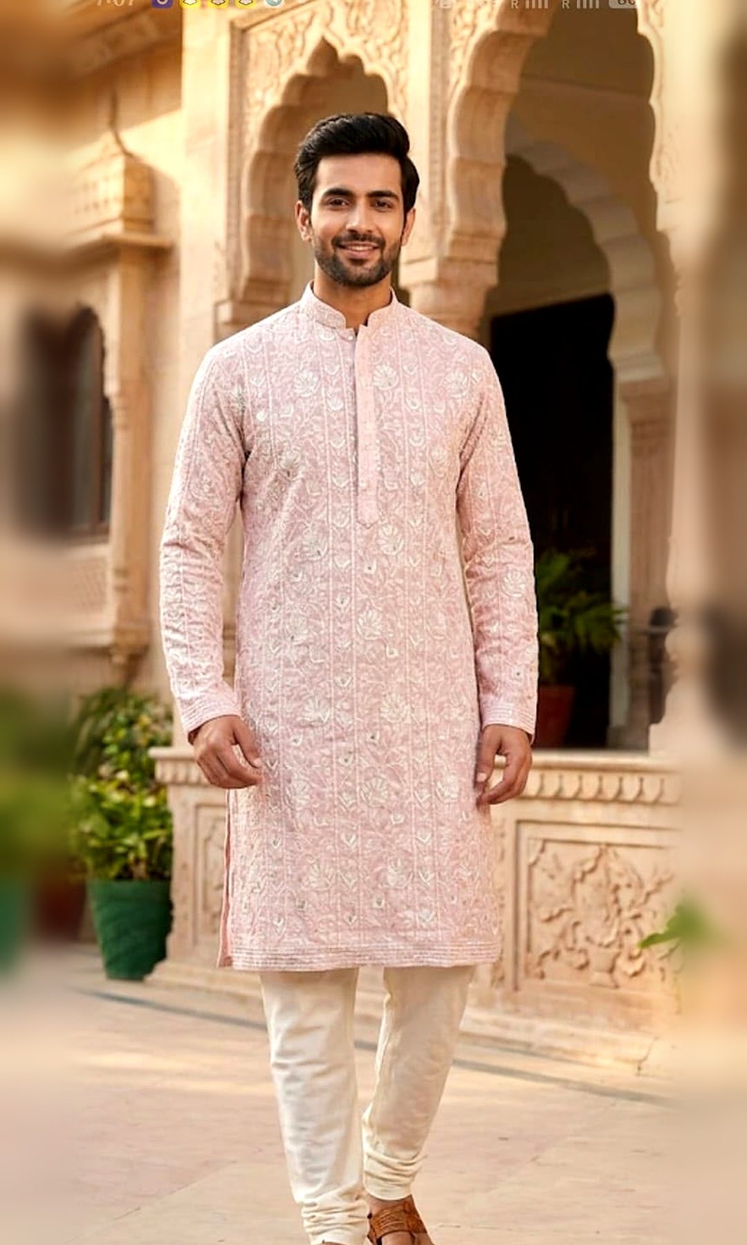 Blush Pink Chikankari Kurta — Blush pink kurta with an all-over ivory chikankari floral jaal and fine sequin highlights.