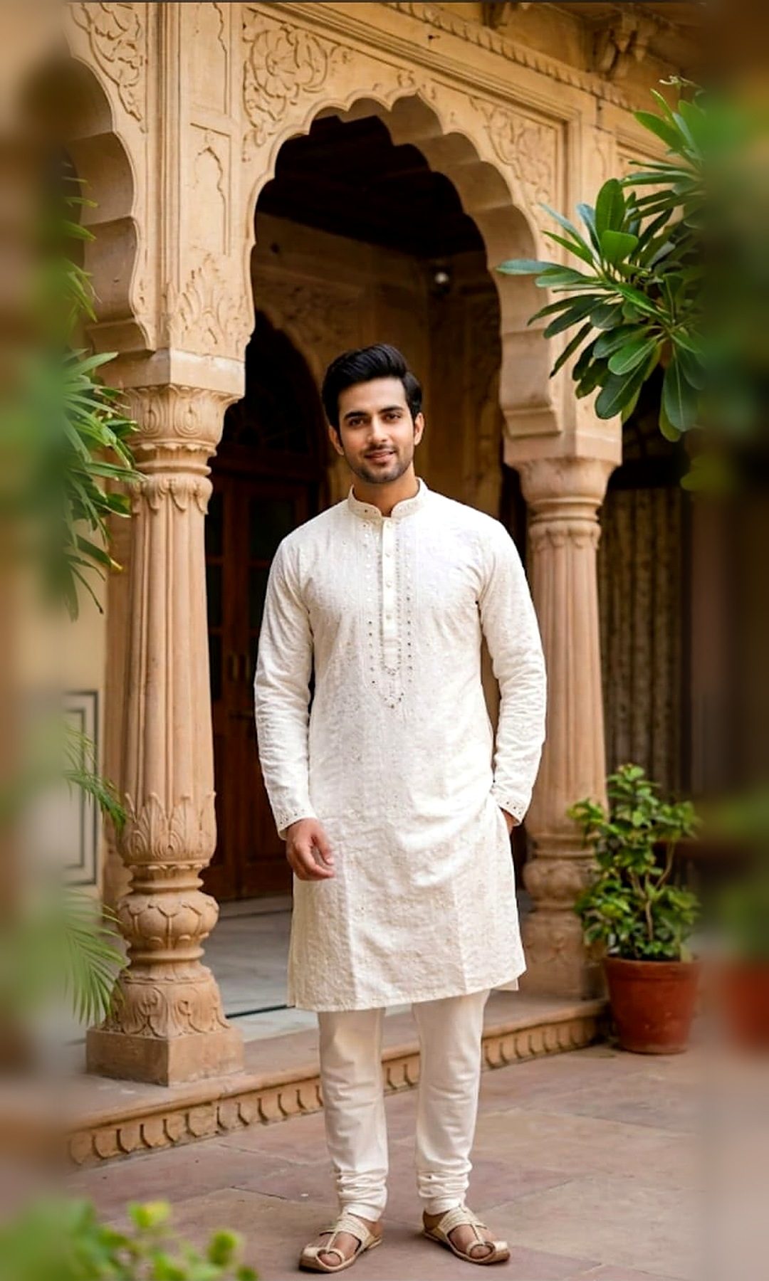 Ivory Mirror-Placket Chikankari Kurta — Ivory chikankari kurta with a slim mirror-work placket and mirror-trimmed collar and cuffs.
