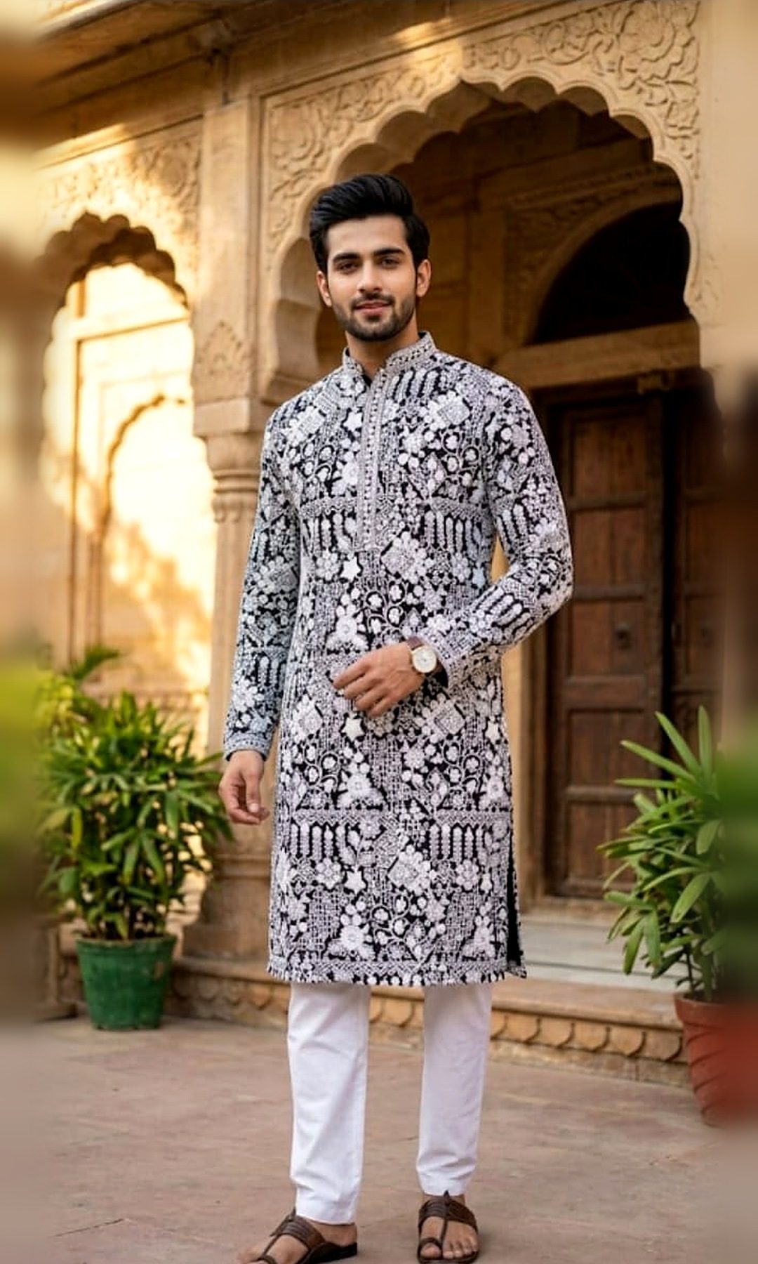 Black & White Chikankari Kurta — Black kurta densely embroidered with white floral chikankari and geometric bands.