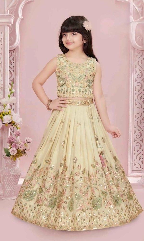 Pastel Lemon Embroidered Lehenga — Pastel lemon lehenga covered in pink and sage-green thread embroidery with sparkling sequins — light, pretty and festive.