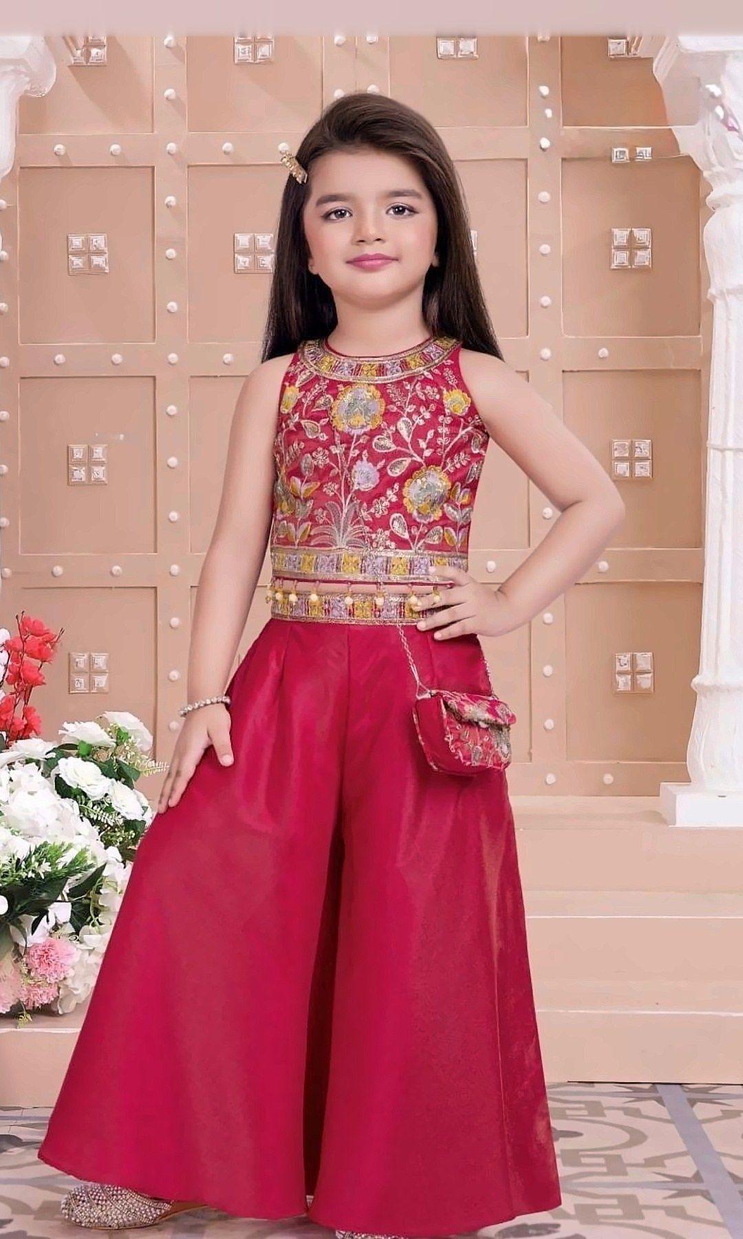 Rani Red Palazzo Set — Rani red palazzo with a floral thread-embroidered crop top, a beaded waist trim and a cute matching sling bag.