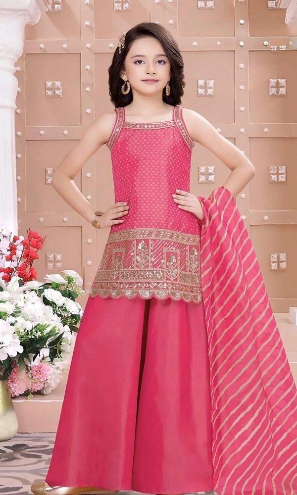 Rani Pink Zari Palazzo Set — Rani pink sparkle-dot kurti with a scalloped zari-embroidered hem, rich silk palazzo and a lehariya-striped dupatta.