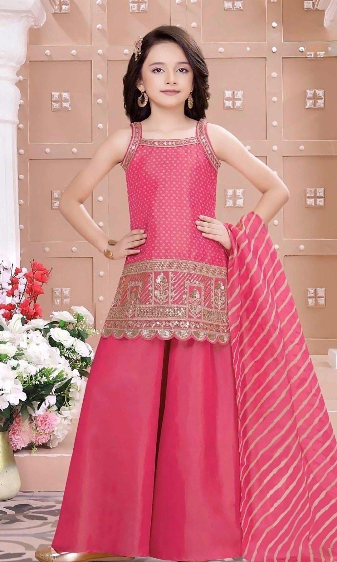 Rani Pink Zari Palazzo Set — Rani pink sparkle-dot kurti with a scalloped zari-embroidered hem, rich silk palazzo and a lehariya-striped dupatta.