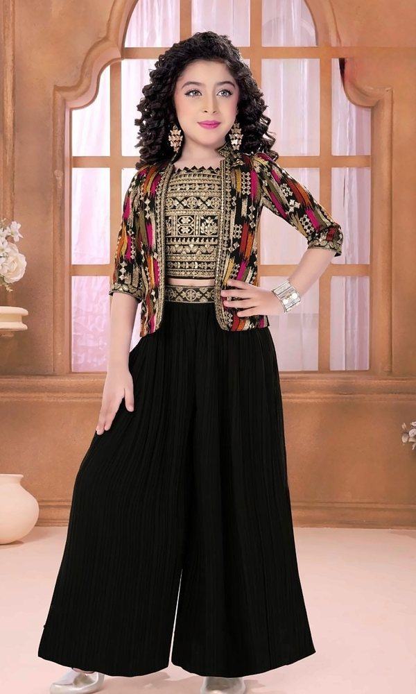 Black Ikat Jacket Palazzo Set — Black sequin-embroidered crop top under a vibrant ikat-print jacket, with pleated black palazzo — a stylish Indo-western party look.